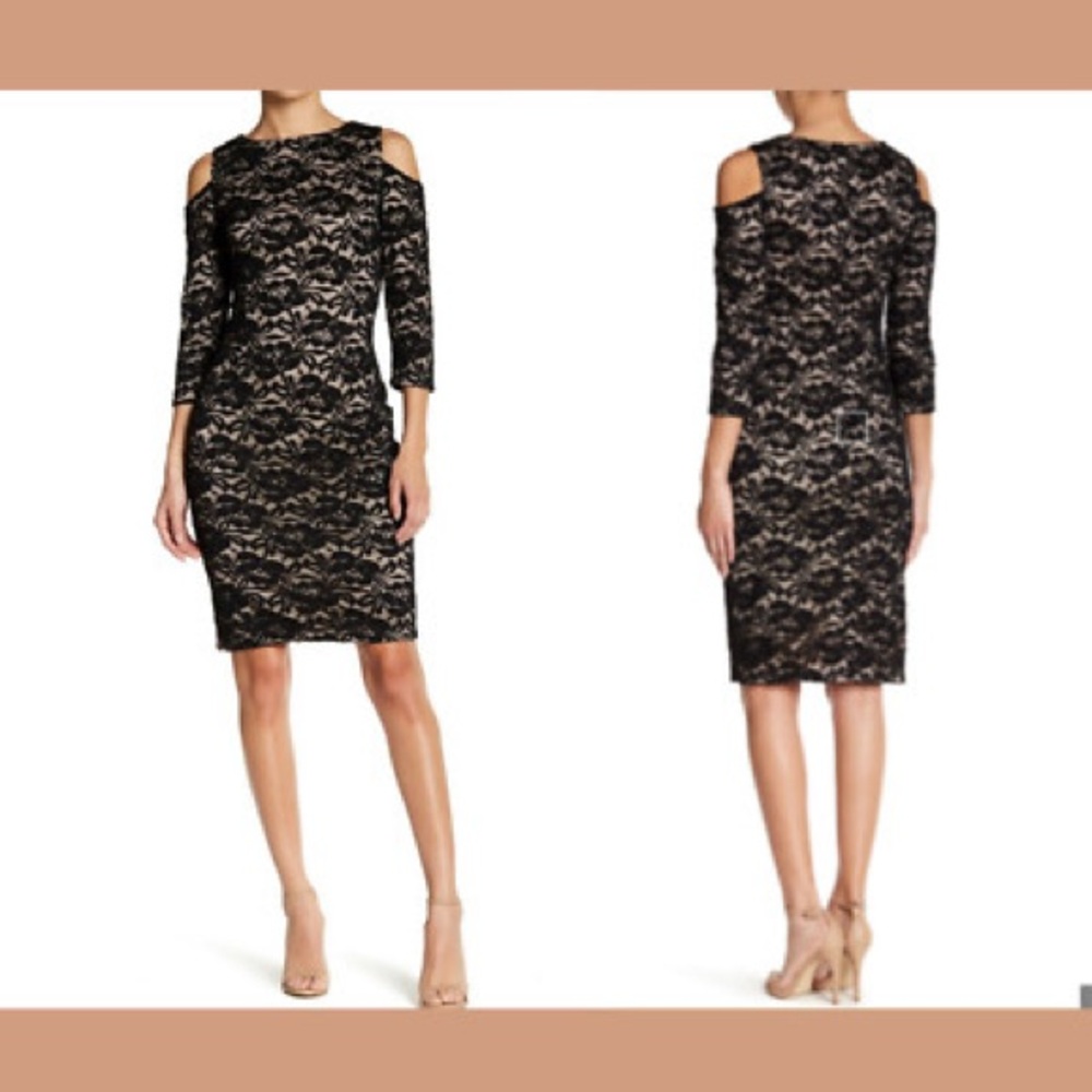 🔥3/$30 🔥 Eliza J Black & Nude Lace Long Sleeve Cold Shoulder Dress Size 8
